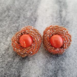 Vintage Orange Beaded Cluster Clip On Earrings, Birds Nest Style, Retro 60s